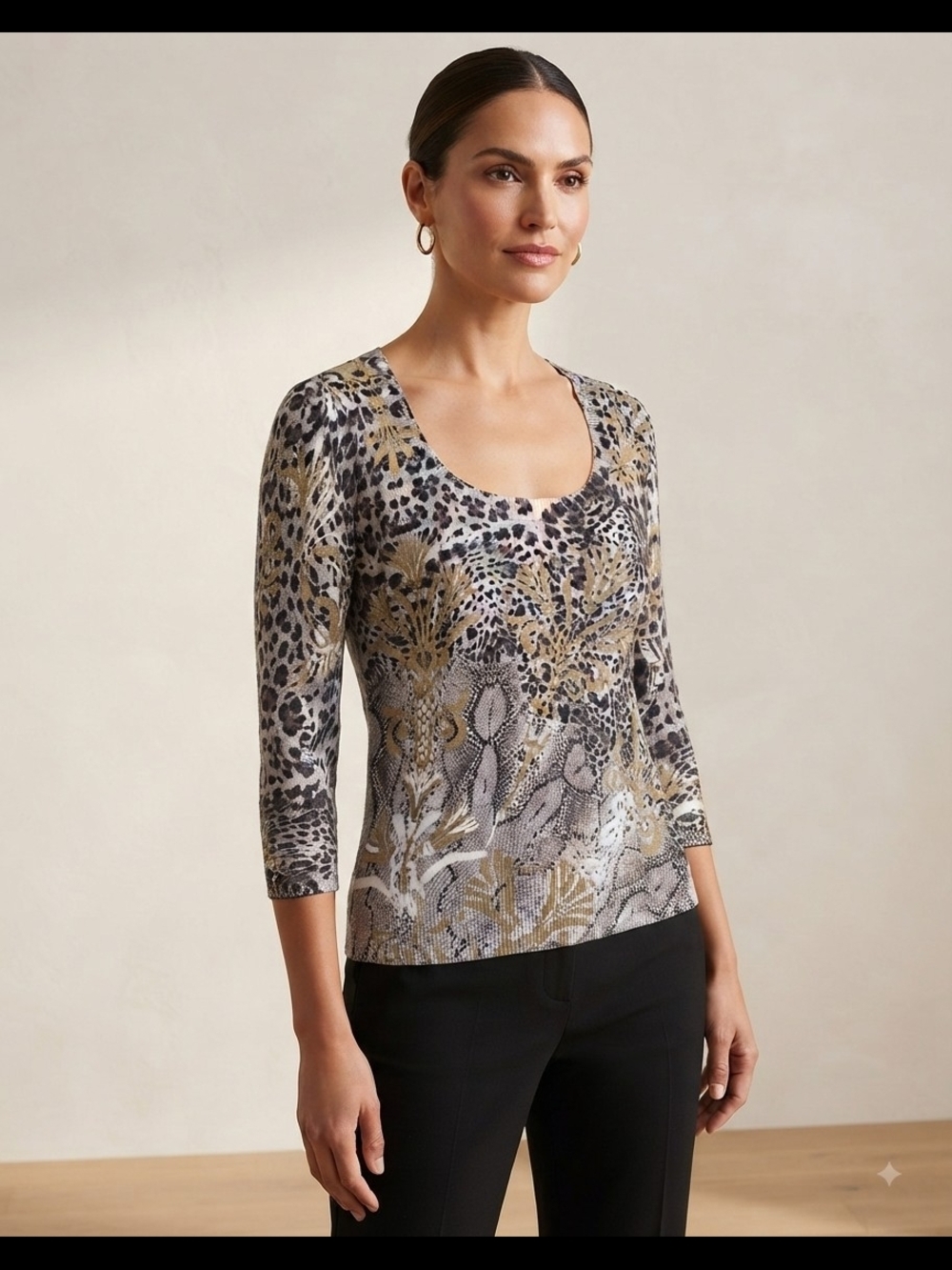 Boston Proper Scoop Neck Long Sleeve Top - Beige, Black, Gold